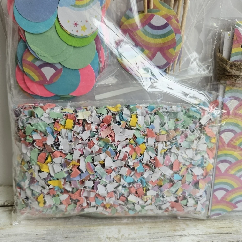 Vibrant Rainbow Party Decorations: Banner, Confetti, Cupcake Toppers